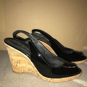 Via Spiga Patent Leather Peep Toe Wedge Sandal